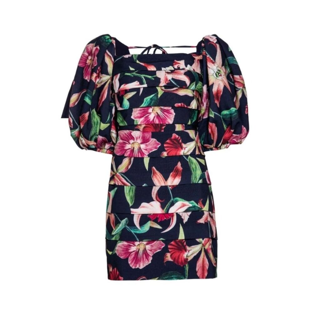 PatBO Laelia Floral Pleated Puff Sleeve Mini Dress
